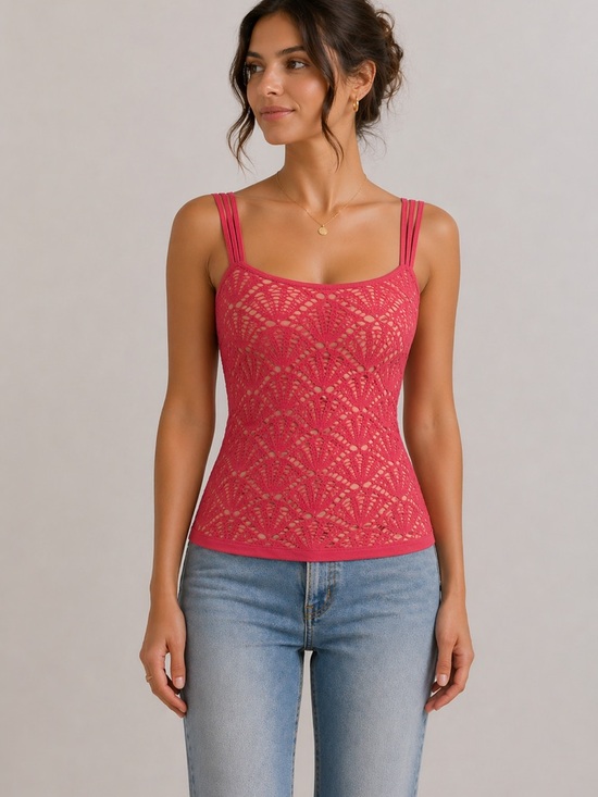 bebe Tops - Bebe coral crochet tank has nude lining. with top Triple strap sz M /L stretch